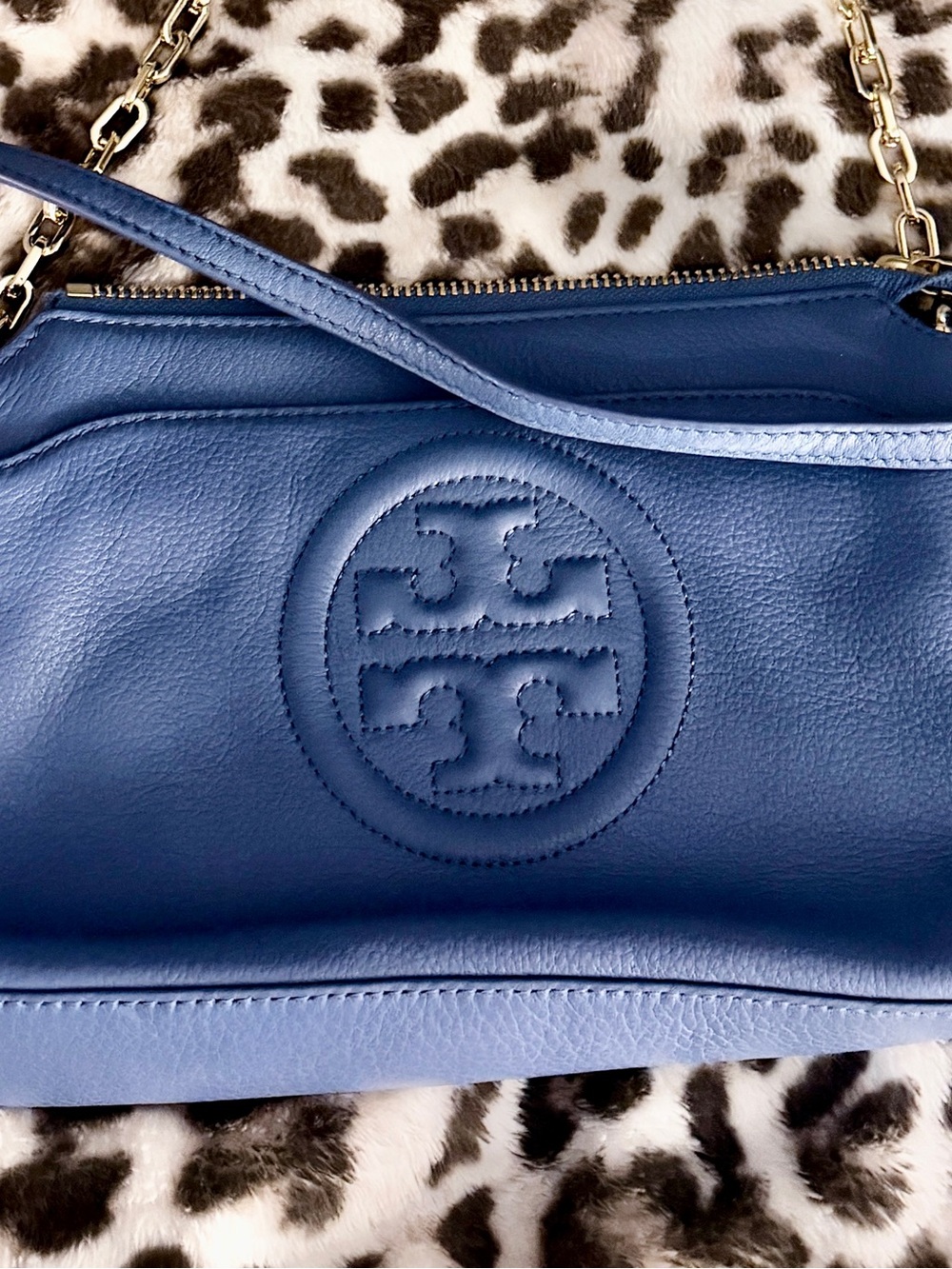 Tory Burch Blue Leather Logo Shoulder Bag with Gold Chain